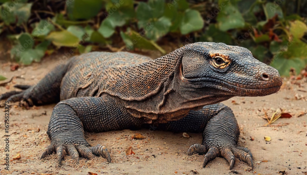 Obraz premium close-up of a large lizard with textured skin resting on sandy ground with green leaves in the background