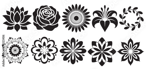 Set Elegant Floral Mandala Silhouette Stickers Perfect For Crafting Decorative Use Intricate Botanical Designs