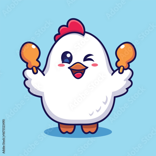 Cute cartoon chicken holding drumsticks and winking