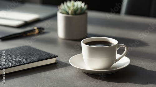 Minimalist Modern Workspace with White Coffee Cup, Black Notebook, and Potted Succulent on Dark Gray Desk, Soft Natural Lighting, Clean and Professional Aesthetic