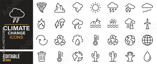 Minimal line climate change icons – ecology, drought, tornado, renewable resources