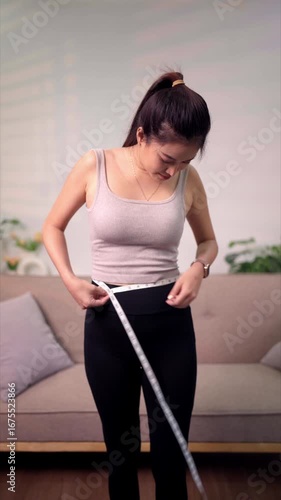 Healthy woman focusing on body measures waist with tape for fitness wellness progress weight loss goal achievement in comfortable home setting for personal health routine