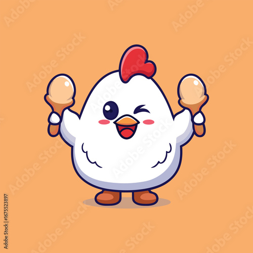 Happy cartoon chicken holding fried chicken drumsticks