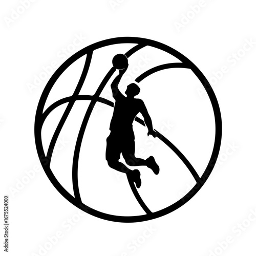 Basketball Icon with Dunking Player Silhouette
A dynamic vector icon of a basketball, featuring a powerful black and white silhouette of a player mid-dunk inside