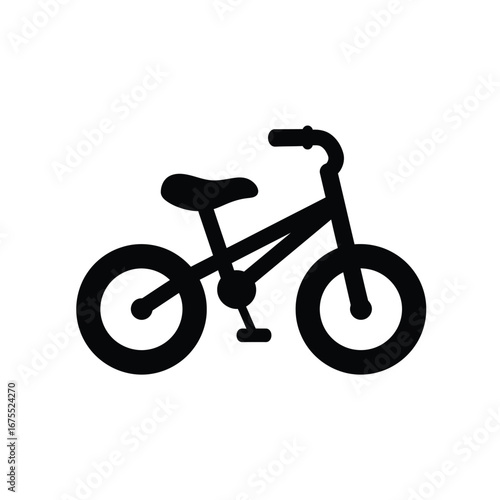 Simple black silhouette of a bmx bicycle with two wheels handlebars seat and pedals on a white background