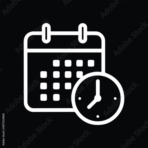 A Clock with Calendar Icon Black and White Vector