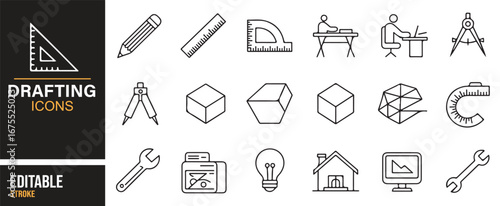 Drafting and architecture vector icons – technical planning, construction tools