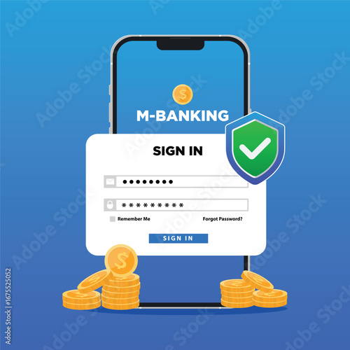 Flat vector illustration mobile banking, Sign in landing page website illustration vector template
