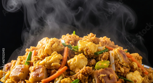 Photograph of freshly prepared egg kottu roti with steam rising
