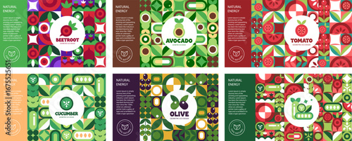 Vegetable Label Set. Mosaic Style Pattern and Logo Templates