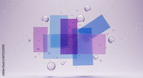 Pastel light 3d background with glass holographic transparent square plate shapes render. Abstract geometric block pattern Futuristic digital tech banner with rainbow color gradien