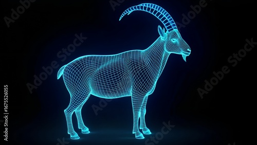 Digital Climber – Wireframe Goat Illustration with Glowing Blue Mesh and Curved Horns on Dark Background, Abstract, Futuristic, Nature, Tech, Simulation