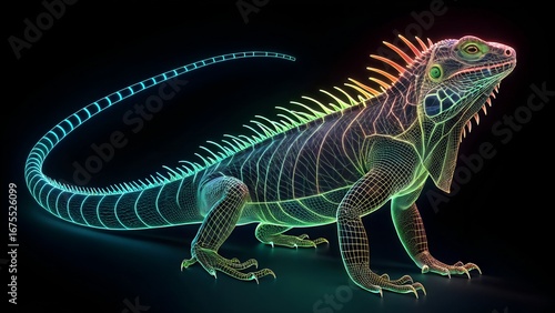 Spectrum Spine – Wire frame Iguana Illustration with Multi color Neon Mesh and Anatomical Highlights, Abstract, Futuristic, Tech, Nature, Educational