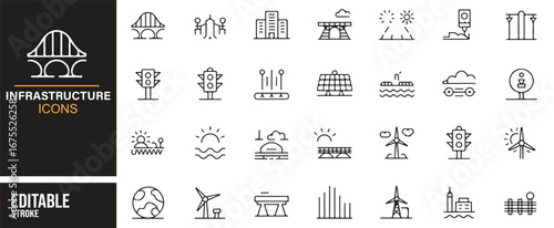 Editable infrastructure line icons set for architecture and civil engineering