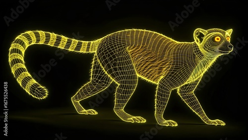 Neon Lemur – Wireframe Illustration of Lemur with Glowing Yellow Mesh and Ringed Tail, Abstract, Futuristic, Tech, Nature, Simulation