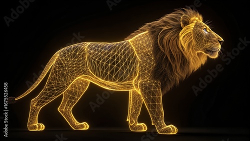 Neon Apex – Wire frame Lion Illustration with Glowing Yellow Mesh and Textured Mane on Dark Background, Abstract, Futuristic, Nature, Tech, Simulation
