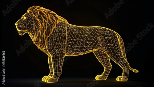 Neon King – Wireframe Lion Illustration with Glowing Yellow Mesh and Detailed Mane on Dark Background, Abstract, Futuristic, Nature, Tech, Simulation