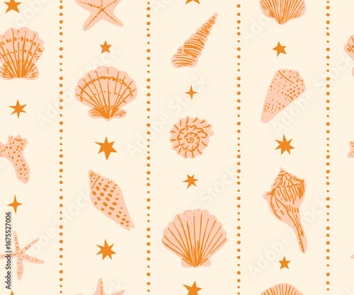 Seamless pattern with Hand drawn ink vector seashells in vertical stripes. Conceptual, naive marine sketch background.  Element for poster, social media, banners, invitation.