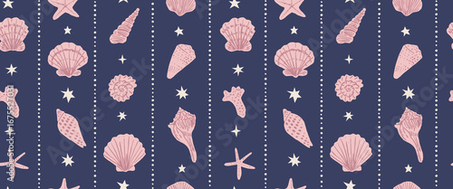 Seamless pattern with Hand drawn ink vector seashells in vertical stripes. Conceptual, naive marine sketch background.  Element for poster, social media, banners, invitation.