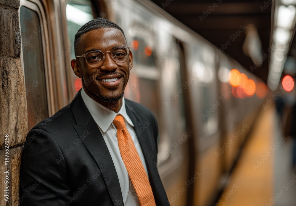 Naklejka premium Professional Young Man Wearing Glasses and Suit Smiling on Subway Platform