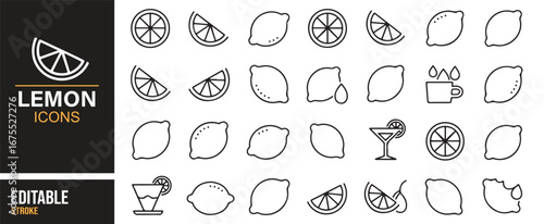 Lemon outline illustrations – fruit, drinks, wedges, juice drops vector