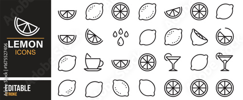 Minimal line lemon icons – tropical fruit, cocktails, and kitchenware pack