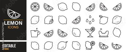 Healthy lemon fruit vector symbols – citrus juice, wedges, drops, cocktails