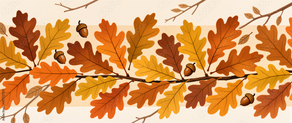 Fototapeta premium Vibrant autumn leaves and acorns gracefully adorn a rustic background