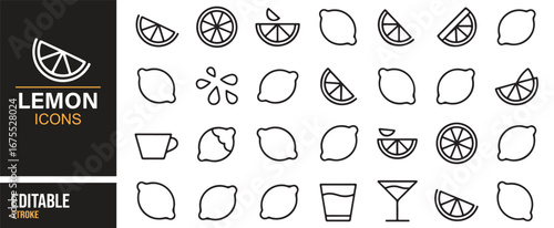 Citrus lemon vector line icons – slices, wedges, drinks, juice, cocktail symbols