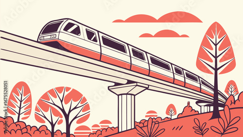 Modern Monorail Train on Elevated Track, Autumnal Landscape, Minimalist Style, Peaceful Commute