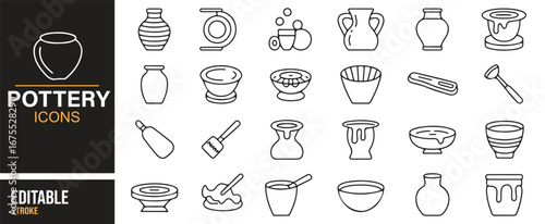 Pottery workshop tools and clay vessel line icons for artisans