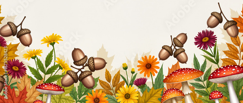 Vibrant autumn celebration with colorful flowers and mushrooms