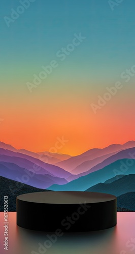 Empty black cylinder podium, colorful mountain sunset
