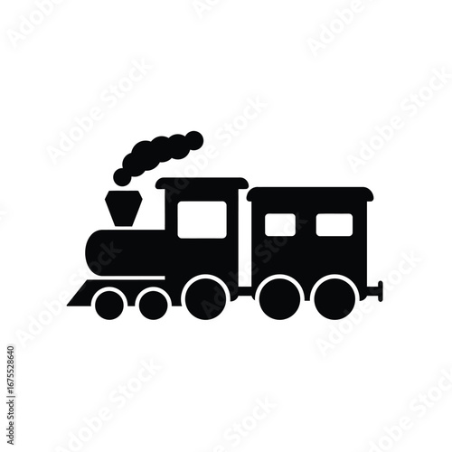 Simple silhouette of a classic steam locomotive pulling a passenger carriage with smoke