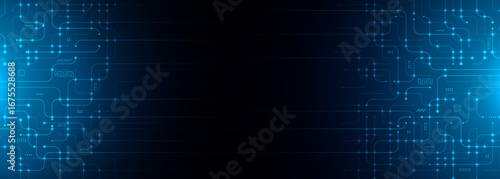 Circuit board background for web banner. Futuristic digital backdrop with circuit board elements. Abstract  geometric connections and minimalist light patterns create modern technological illustration