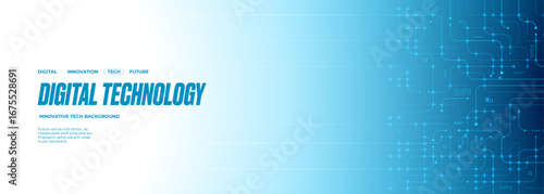 Tech banner with flowing lines and circuit patterns. Digital background featuring abstract network connections and futuristic design elements in blue and white. Technology vector banner bg