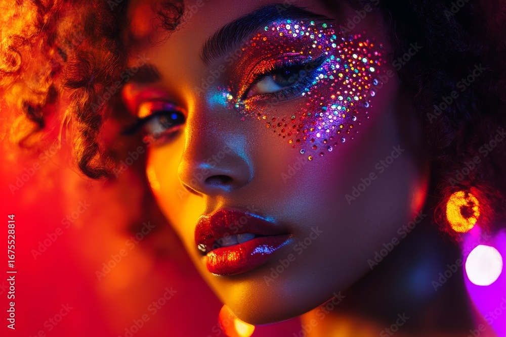 Obraz premium Model showcases vibrant rhinestone makeup in a colorful lighting display