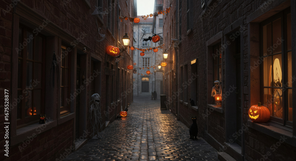 Fototapeta premium A historic, narrow European alleyway decorated for Halloween. Cobblestones are wet with rain, ancient buildings are adorned with subtle, sinister decorations, and a single black cat watches from a sha