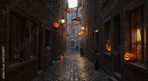 Fototapeta Naklejka Na Ścianę i Meble -  A historic, narrow European alleyway decorated for Halloween. Cobblestones are wet with rain, ancient buildings are adorned with subtle, sinister decorations, and a single black cat watches from a sha