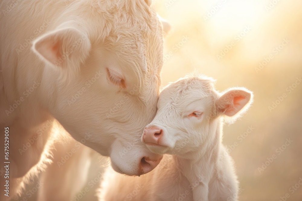 Obraz premium Tender moment between calf and mother cow in sunlit pasture