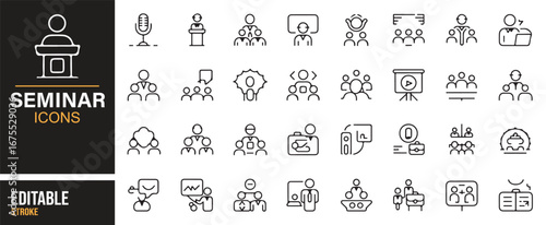 Editable seminar icons featuring presentations, speakers, and audience interactions for educational and professional projects.