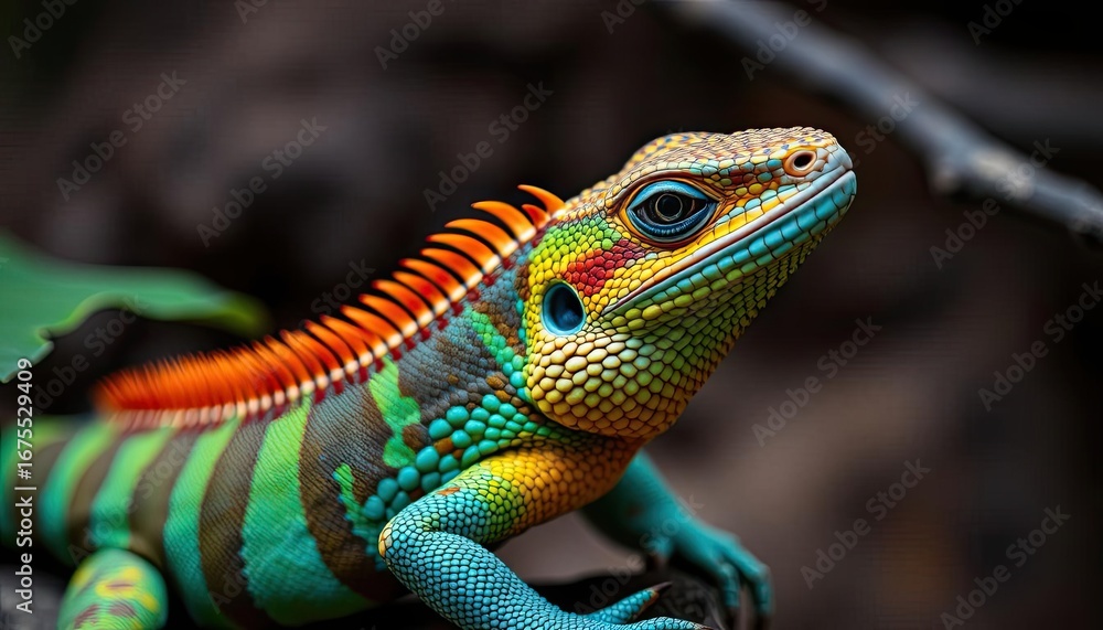 Obraz premium Colorful lizard close-up with intricate patterns and textures in a natural setting, showcasing the beauty of wildlife and nature - AI Generated Digital Art
