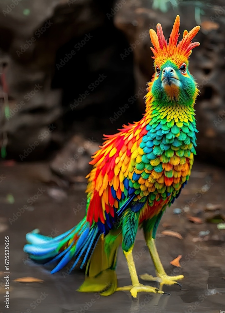 Fototapeta premium Vibrant colorful bird with unique feathers in a natural setting, showcasing stunning details and artistic flair - AI Generated Digital Art