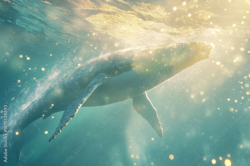 Fototapeta premium Majestic whale underwater close-up with sunlight glimmers