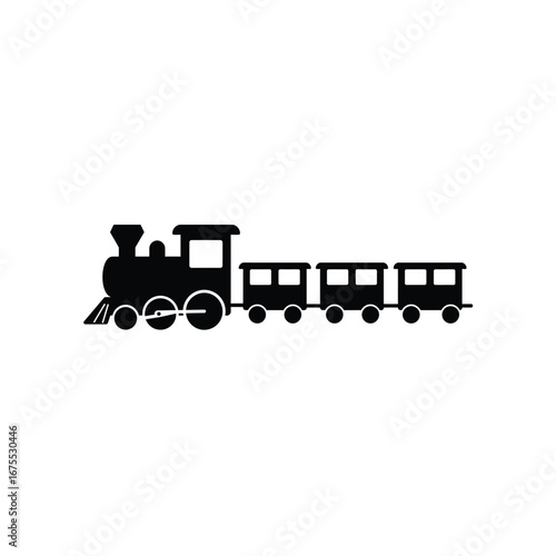 Classic black silhouette of a steam locomotive pulling four freight cars on a white background