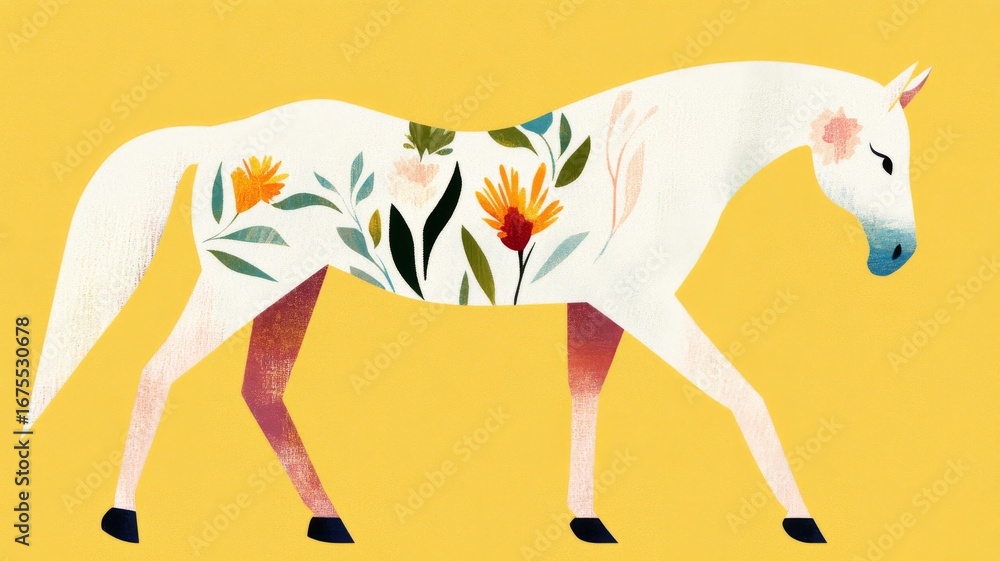 Obraz premium Floral horse design on yellow background for artistic decor and prints