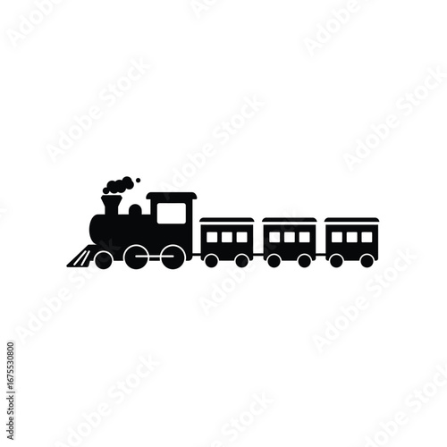 Classic black silhouette of a steam locomotive pulling four passenger cars on a white background