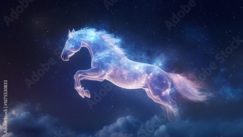 Enchanting celestial horse galloping through a dreamlike starry sky