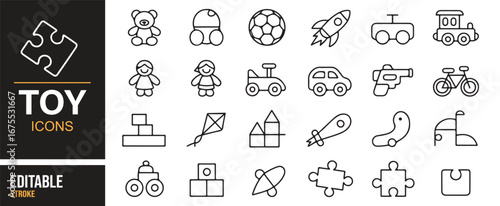 Fun toy-themed icons set featuring rockets, bicycles, puzzles, and other childhood favorites.