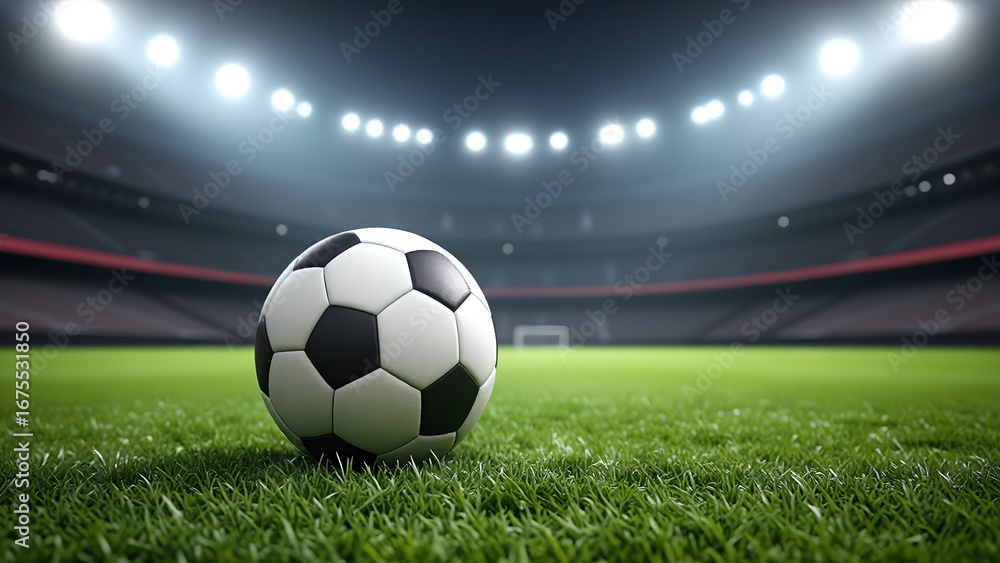 Naklejka premium Classic soccer ball placed on a green grass field, stadium lights shining, sports photography